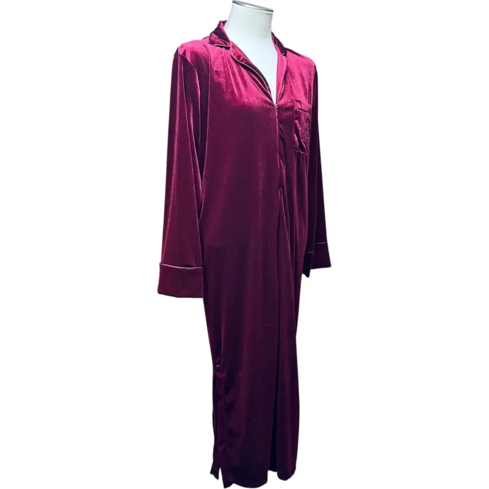 Lauren Ralph Lauren Long Velour Robe Full Zip Burgundy Small